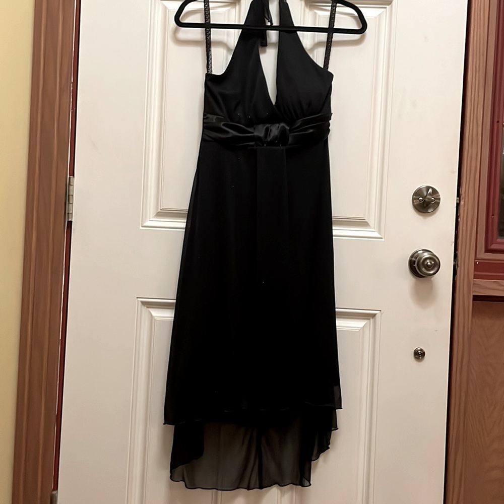 Jolie SIZE 8 black halter style high low dress with navy sparkles.